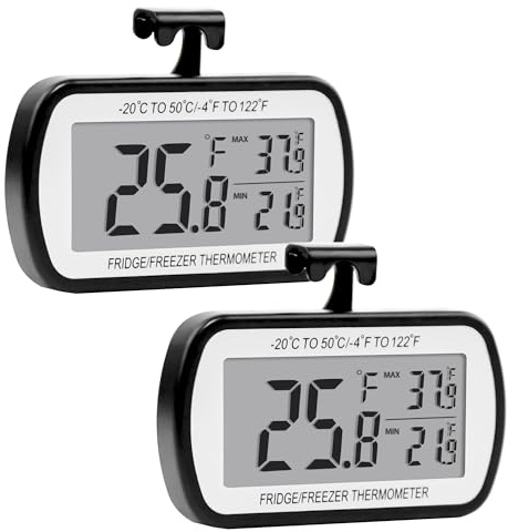 2 Pack Refrigerator Fridge Thermometer Digital Freezer Room Thermometer Waterproof Large LCD Display Max/Min Record Function-Black