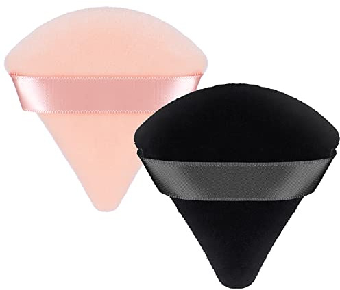 Patelai 2 Pcs Powder Puff Makeup Puff Triangle Soft Powder Sponge Reusable Triangle Sponges with Strap for Cosmetic Foundation Wet Dry Makeup(Black, Nude)