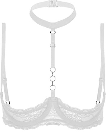 TiaoBug Damen sexy Dessous Erotik BH Bra Neckholder Oberteil Reizwäsche Transparente Spitze Unterwäsche Offene Brust Verführerische Lingerie Weiß N L