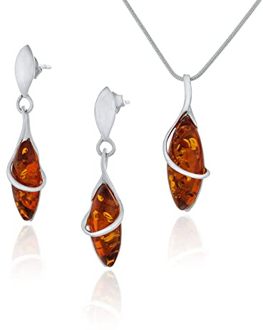AMBEDORA Kleines Damen Schmuck Set Marquise, Sterling Silber 925 Finish Glanz, Cognacfarbener Baltischer Bernstein, Anhänger mit Kette und Ohrringen