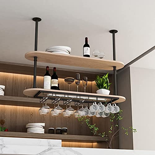 AYVADA Mensola sospesa Mensola a soffitto, Decorazione a soffitto Portabicchieri da Vino, Mensole sospese a soffitto in Legno a 2 Livelli, Stoccaggio sospeso a Parete Organizzazione di stoccaggio d