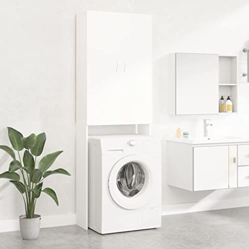 KOIECETA Waschmaschinenschrank mit 2 Türen 3 Fächern Badmöbel Badschrank Badregal Badezimmerschrank Hochschrank Schrank Weiß 64x25,5x190cm