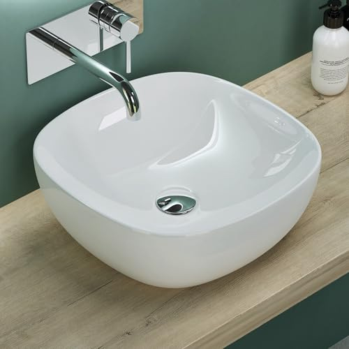 Mai & Mai Vasque à Poser 40,5x40,5x14cm Lavabo en Céramique Blanc sans Trop-Plein Salle de Bains pour Invités BR104
