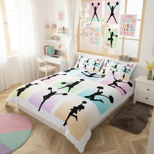Cheerleading Bettbezug Set S Größe,Cheerleader Silhouette Bettwäsche Set Kinder Mädchen Frau Zimmer Dekor,Regenbogen bunte quadratische Plaid Tröster Abdeckung Tanzen Sport Liebhaber Quilt Cover