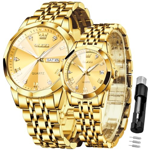 OLEVS Valentines Paar Quarzuhren mit leuchtendem Kalender, Datumsfenster, 3 ATM wasserdicht, lässige Edelstahl-Armbanduhr für Damen und Herren, Liebhaber, Hochzeit, romantisches Geschenk, 2 Stück