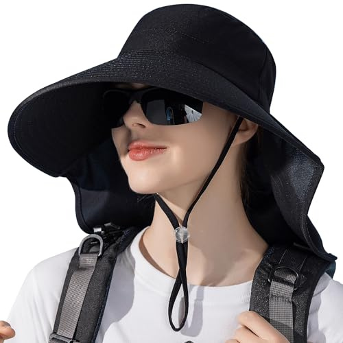 WANYI Sonnenhut Damen mit Nackenschutz Breite Krempe Sommer Sonnenschutz Hut Outdoor Wanderhut UV Schutz Fischerhut mit Pferdeschwanz-Loch für Angler, Garten, Sandstrand 55-60CM