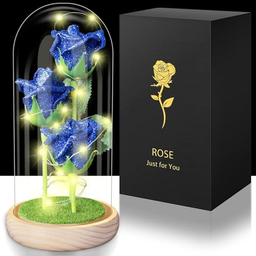 Rosa Eterna, San Valentino per Lei, Regalo Donna Rose con Luci LED in Una Cupola di Vetro, Regalo per Donne, Mamma, Nonna, Amica, Anniversario Rosa Blu