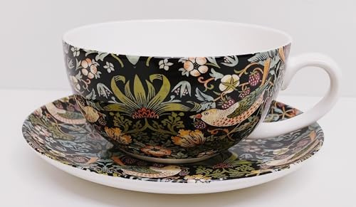 Rainbow Decors William Morris Strawberry Thief Black & Green Cup and Saucer Bone China 300 ml Cappuccino Arts Crafts Art Nouveau Set Hand Decorated UK