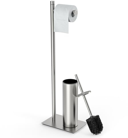 RUACQ Support de papier toilette avec brosse de toilette et support, en acier inoxydable 304, support de rouleau de papier toilette autoportant, base lestée, robuste (nickel brossé)