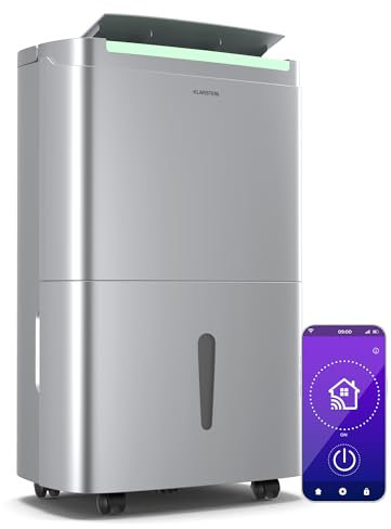 Klarstein DryFy Connect 50L Deshumidificador, Wifi, 50L/día, Silencioso, 7L Depósito, Temporizador 24h, Bajo Consumo, Desagüe Permanente, Portátil, Habitaciones 45-55m²