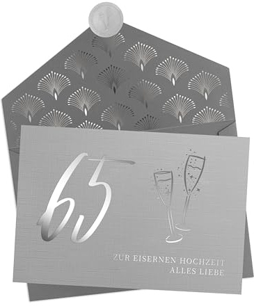 Joli Coon 65 Zur Eisernen Hochzeit alles Liebe mit Kuvert und Siegelsticker | 350g strukturiertes Designerpapier, Silberveredelung, graues Kuvert, für Ehepaare, Zum 65. Hochzeitstag