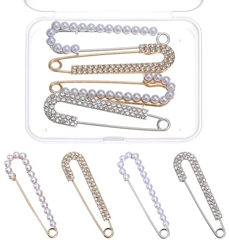 COMNICO 4 Stück Perle Broschennadeln, Pullover-Schal-Clips mit Aufbewahrungsbox Kunstperlen-Strasssteine​​ Sicherheitsnadel für Kragen für Damen Modische Kleidung Kleider Dekoration Accessoires