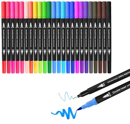FZMIT 24 Colouring Pens,Felt Tips Pens for Adults Colouring Books-Coloured Dual Tip Brush Pens Markers and Fineliners Art Supplies for Drawing Painting Sketching Highlighting