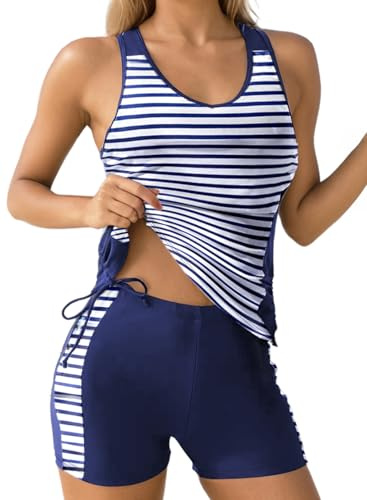 Dokotoo Women's Tankini Sets Two Piece Tops with Shorts Swimsuits for Women Bathing Suits Floral Printed Beach Vacation Clothes Tummy Control Swimwear Womens Swimsuit Blue Stripe L