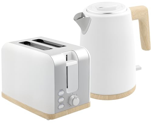HOMCOM Wasserkocher und Toaster Set 2200W 1.7L 2 Scheiben Weiß | Edelstahl, Schnellheizung, 7 Bräunungsstufen, Trockengehschutz