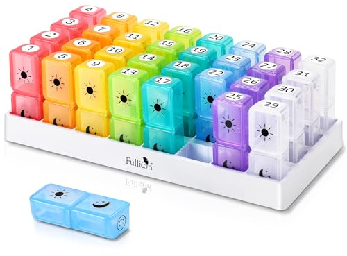 Fullicon Monatliche Pillendose Organizer 2 Mal am Tag, 30 Tage AM PM Tablet Organizer mit 32 großen abnehmbaren Pillenetuis für Reisen & Medikamentenaufbewahrung (Regenbogen Weiß)