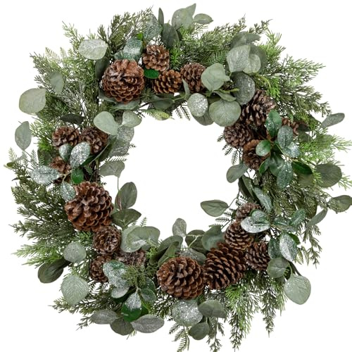 61 cm Weihnachtskranz großer Türkranz mit Glitzernden Eukalyptusgrünblättern, Tannenzweigen und Tannenzapfen für Zimmer, Kaminsims, Wand, Fenster, Weihnachtsdekoration für drinnen und draußen