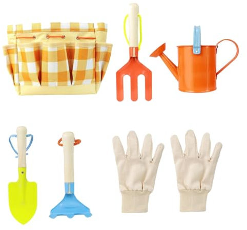 KOMBIUDA Ensemble 7 Outils Jardinage Garçon Et Filles Joujou Extérieur Paquet Transport Moufles Bouilloire Binage Râteau Pelle Kit Plantation