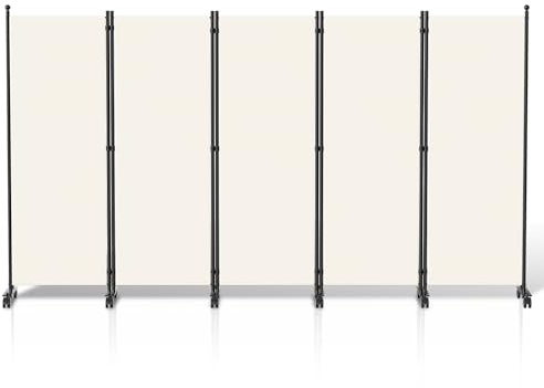 Jopassy 5-TLG Paravent mit Rollen und Bremsen, Faltbarer Raumteiler, Mobiler Sichtschutz, 284x181x30cm, Beige, Ideal für Wohnzimmer, Schlafzimmer, Balkon