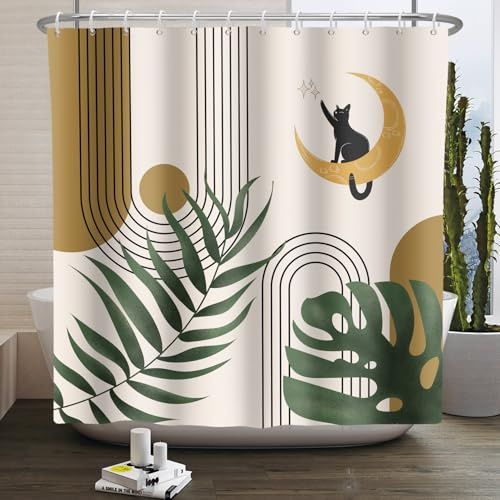 Kzzfqxb 90x183cm Rideaux de Douche Boho avec Crochets, Arc Beige Marron Soleil Lune Chat Vert Feuilles Art Moderne imperméable pour Le Bain, Tissu Polyester Salle de Baignoire décor esthétique