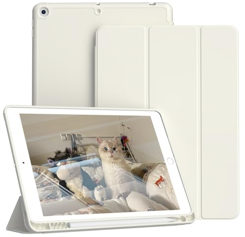 KVTVOU Case for iPad 9th/8th/7th Gen 2021/2020/2019, Cream White | with Pencil Holder, Tri-fold stand, Protective Soft TPU Back, Auto Sleep/Wake, Shockproof