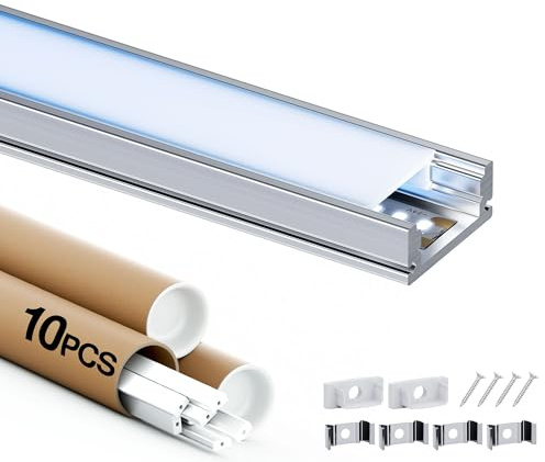 Shine Plus LED Schiene 2m, 10 Stück U Form LED Aluminium Profil，Led Kanäle mit Milchig Weißer Abdeckung, led Diffusoren mit Endkappen und Montageclips Die Innenbreite des Profils beträgt 12,4 mm