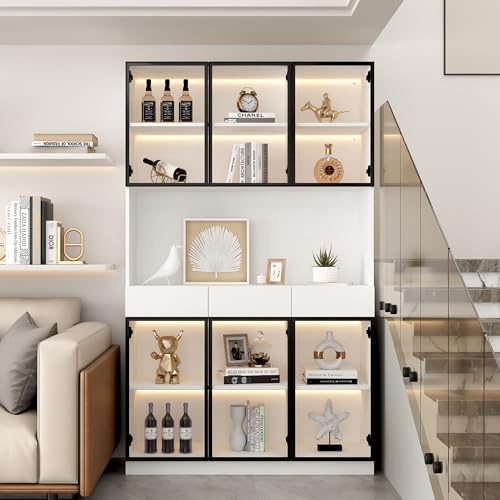 LANTRO JS Glasvitrinenschrank, Schaukasten Vitrine, Vitrine mit Licht, Aufbewahrungsregale mit Pop up Glastüren,für Wohnzimmer, 3 Schublade und 6 Glastüren, EIN Stück