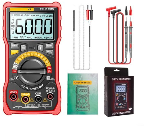 Multimètre numérique avancé 2000 V V9 avec mesure NCV et coque de protection en caoutchouc pour électricien (A)