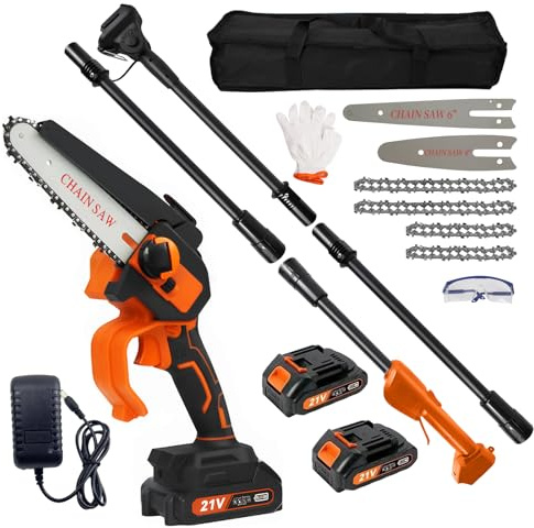 2-in-1 Cordless Pole Saw, 6 Inch & 4 Inch Handheld Electric Pole Chain Saws with 2 x 21V Battery for Tree Trimming, Adjustable Telescopic Pole Chainsaw Up to 2.3 m