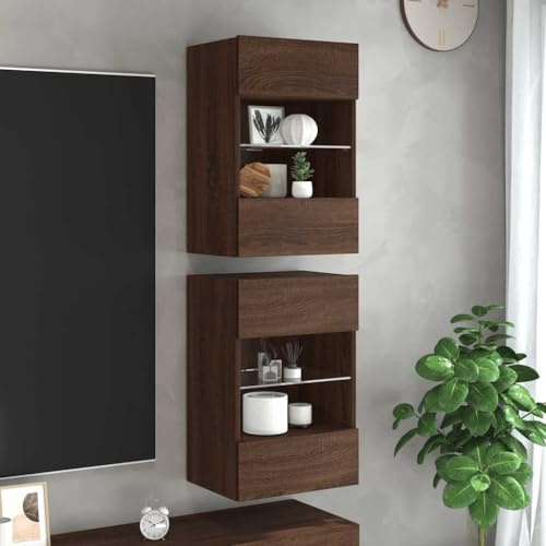HETFTJN Buffet TV LED - 40 x 30 x 60 cm - En bois marron chêne - Espace de rangement avec étagère en verre et éclairage RVB - Montage mural pour salon, chambre à coucher
