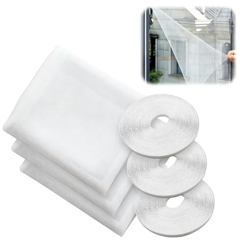 DIY Self-Adhesive Insect Mesh Curtain, 3 Pcs 130 x 150cm Fly Bug Bee Protector Screen, Mosquito Netting with Tape, Window Net to Keep for Multiple Windows (White)