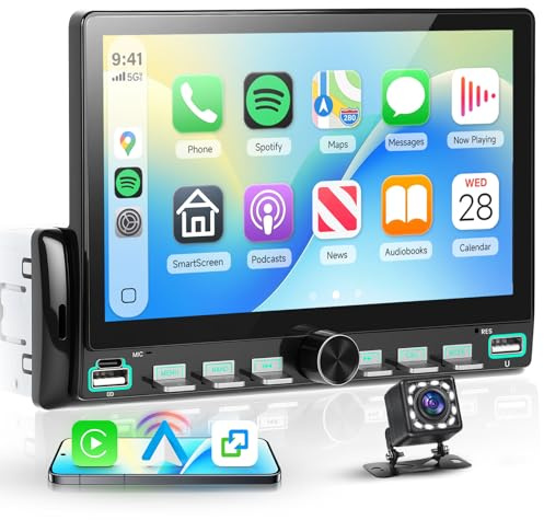 Driauto 7 inch Single Din Car Stereo with Wireless/Wired CarPlay Android Auto Mirror Link, Car Radio with Bluetooth, Single Din Carplay Radio with Backup Camera Steering Wheel Control FM USB EQ
