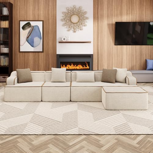 ALPHA HOME Ecksofa mit Schlaffunktion, 5 Sitzer Boneless Couch | Modulares Sofa mit 5 Zierkissen für das Wohnzimmer, Montagefrei, Cord, Beige