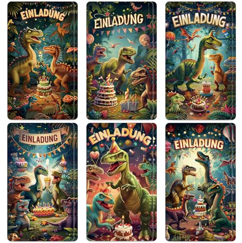 Urker 12 Stück Dino Einladungskarten Kindergeburtstag für Jungen Mädchen | 6 Verschiedene Einladungskarten mit Dinosaurier-Motiven,Einladung Geburtstag für Kinder Geburtstagsfeier Kinderparty