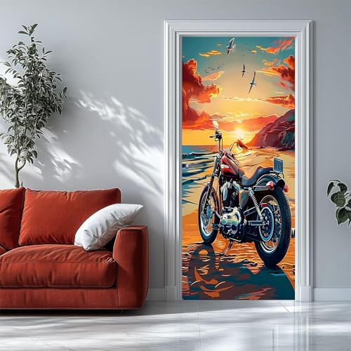 Türtapete Selbstklebend 86x200 Fenster Türfolie Türposter Sonnenuntergang und Motorrad, retro Illustration Türklebefolie Wandbild Türaufkleber Wandtapete 3D Effekt für Wohnzimmer Schlafzimmer Küche