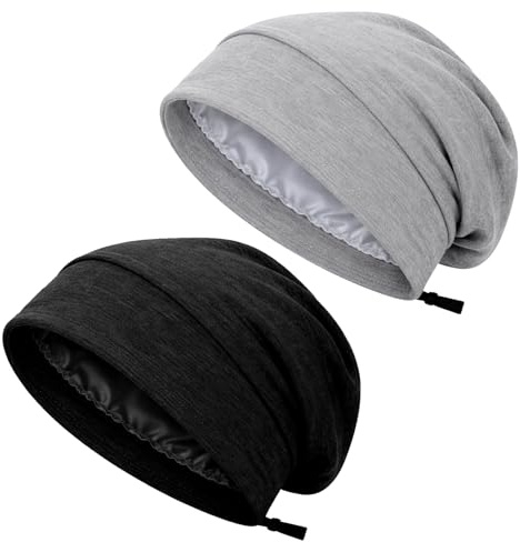 2 Stück Schlafhaube, Satin Schlafhaube Herren, Schlafmütze Seide, Schlaf Beanie Seide, Seidenhaube Zum Schlafen, Unisex Verstellbar Slouch Satin Lined Beanie Für Frauen, Männer (Schwarz, Grau)