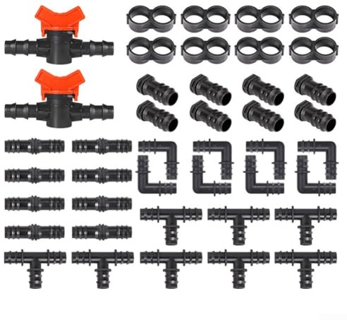 Kit de accesorios de riego por goteo para tubos de 1/2 pulgada, sistema de riego de jardín con válvulas de interruptor, codos, camisetas, acoplamientos, para jardines, césped, camas de verduras y más