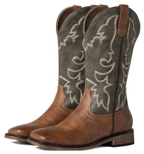 J's.o.l.e Ladies Embroidered Green Western Cowboy Boots - Mid Calf Cowgirl Boots with Square Toe & Chunky Heel UK Size 5