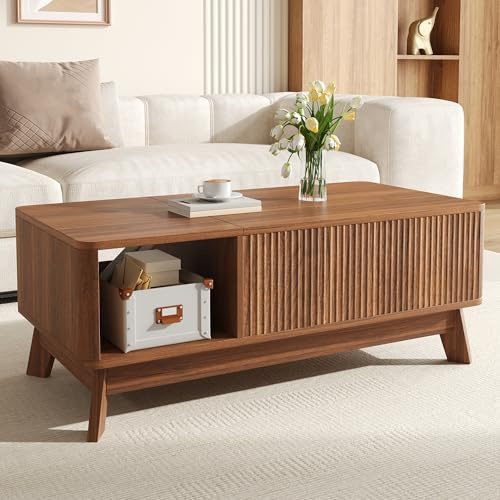 NADEUSAK Mesa de centro con función elevadora, 95 x 48 x 50 cm, aspecto ondulado, compartimento lateral abierto, material MDF, estilo moderno, nogal