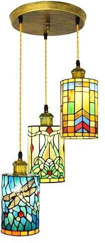 Chandelier Chandelier with 3 Lights, Classic Retro Art Stained Glass, Stained Glass Hanging Lamp, Dome Pendant Lights for Kitchen Island, Ceiling Lighting, 9.8 Inch B × 39.3 Inch H