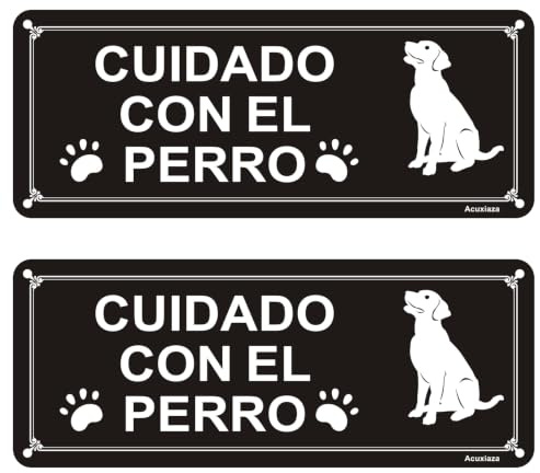 Acuxiaza 2ud Cartel Cuidado con el Perro - 25x10 cm - Aluminio Reflectante | Cartel Perro Peligroso - Señal Precaución Perros - Adhesivo y Orificios - Impermeable