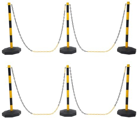 6 postes de barrera de plástico con 5 cadenas de barrera, postes de bloqueo, postes de bloqueo, soporte de separación, soporte de barrera para obras de construcción, aparcamiento, sistema de guía