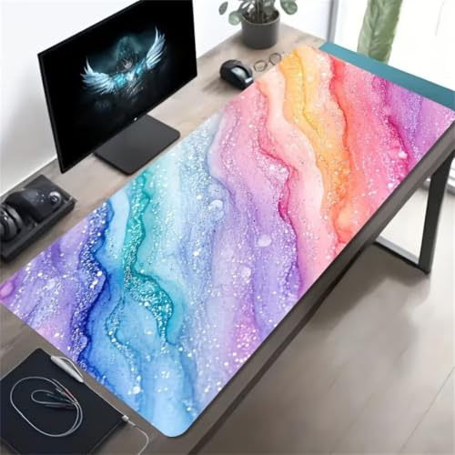 KIZIFI Tappetino per Mouse Gaming XXL 700x400x2 mm, Mousepad Extra Large da Scrivania con Bordi Cuciti, Tappetino per Tastiera Antiscivolo, Superficie Ottimizzata per Sensori Ottici, Arcobaleno