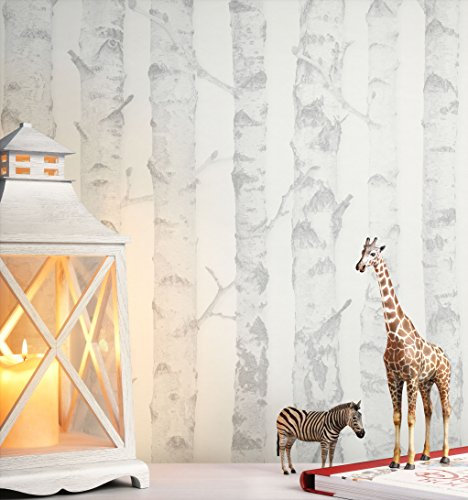 NEWROOM Tapete Weiß Vlies Bäume - Kinder Wald Birken Motiv für Kinderzimmer Babyzimmer