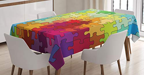 ABAKUHAUS Abstrakt Tischdecke, Farbige Hobby Puzzle, Pflegeleicht Waschbar Schmutzabweisend und mit Klaren Farben Hochwertiger Druck, 140 x 200 cm, Grün Rot Gelb