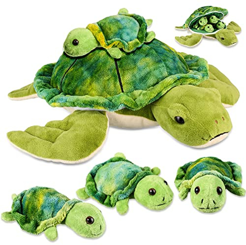 Aoriher Tortuga de Peluche de 12 Pulgadas con 4 Tortugas Mini de Peluche Pequeñas Tortuga Marina de Peluche Suave Juguete Animal de Peluche Almohadón Pequeño de Abrazar de Tortuga para Cumpleaños