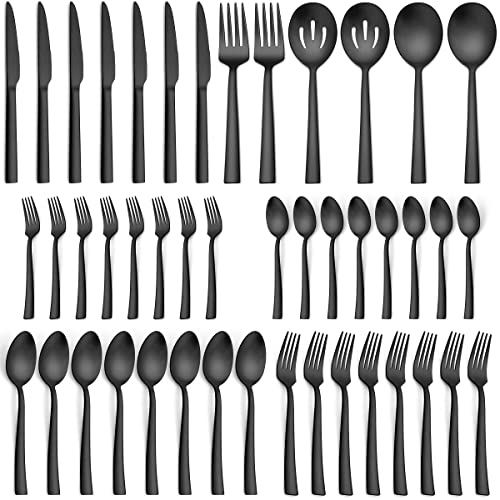 Herogo 46-Piece Matte Black Silverware Set with Serving Utensils, Stainless Steel Square Flatware, Modern Tableware Cutlery Set with Serving Pieces for Catering Banquet, Dishwasher Safe, Satin Finish