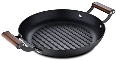 MasterPRO Odin - Parrilla redonda de 28 cm, antiadherente, asas ergonómicas de madera de acacia, ideal para cocinar en barbacoa, compatible con inducción y horno, sin productos tóxicos