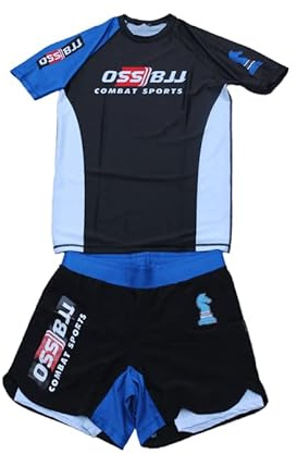 OSS Sports BJJ, No GI, MMA, kompressionstopp plus shorts med fickor dubbelskikt snabbtorkande – BJJ graderingssats – 2 st – BJJ Jiu Jitsu – No GI Brottningssats – (blått bälte, Large), Blått bälte, L