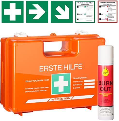 Erste Hilfe Kasten DIN 13157:2021 I Inkl. 250ml Feuerlöscherspray, praktischer Wandhalterung, 5x Aufkleber & Plombe I Erste Hilfe Koffer für Betriebe, Einrichtungen & Zuhause I Verbandskasten